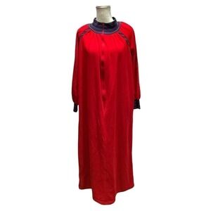VINTAGE Lounge Around Gown Red Flannel House‎ Dress Housecoat Robe Sz M ? Trim